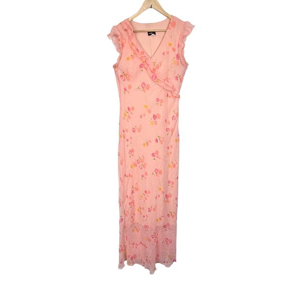 VTG BABYDOLL Floral Ruffled Pink Y2K Fairy Maxi Dress Sheer Overlay 11/12 Tall - Picture 1 of 12